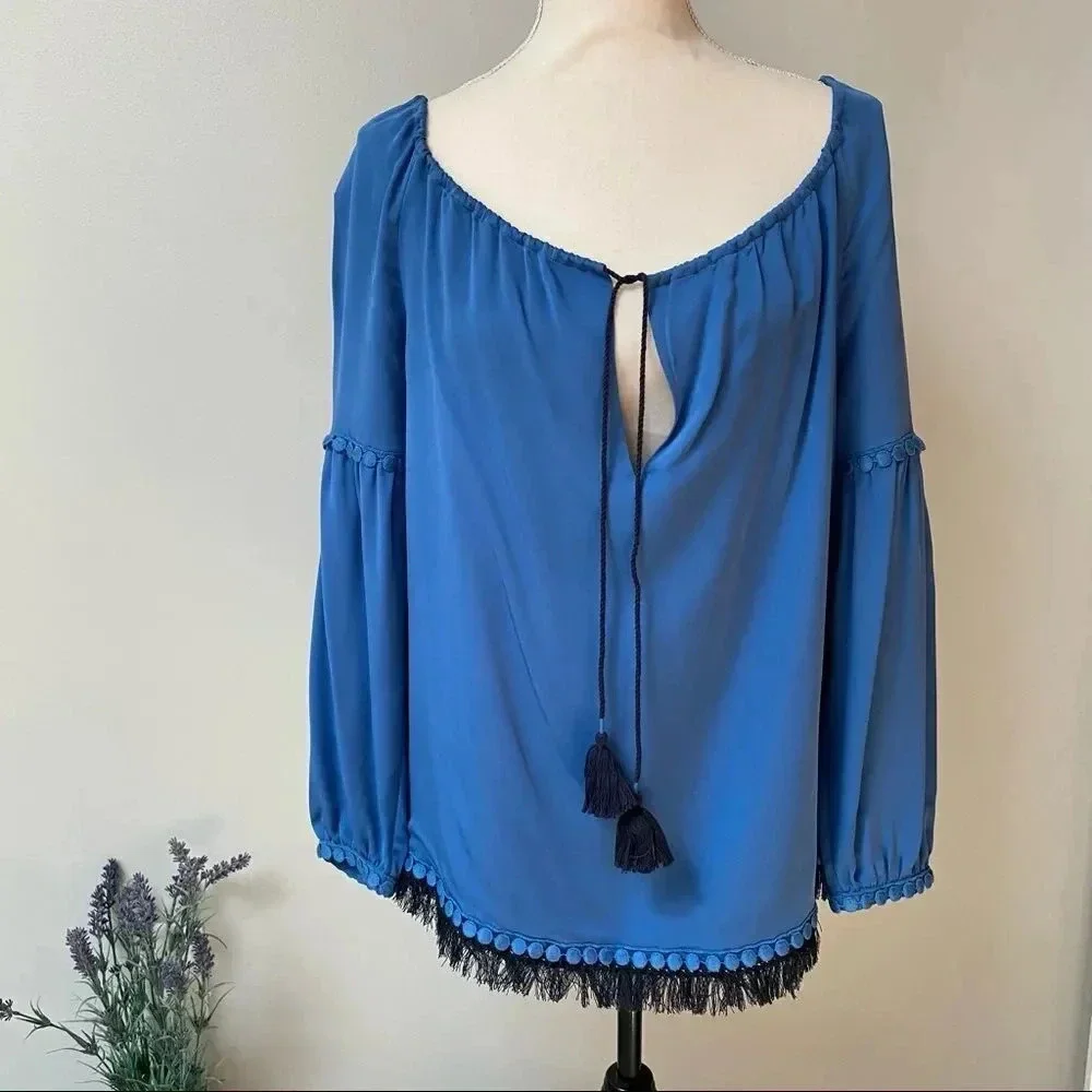 Tory Burch Sylvie 100% Silk Fringe Tunic Blouse Blue Navy Size 4
